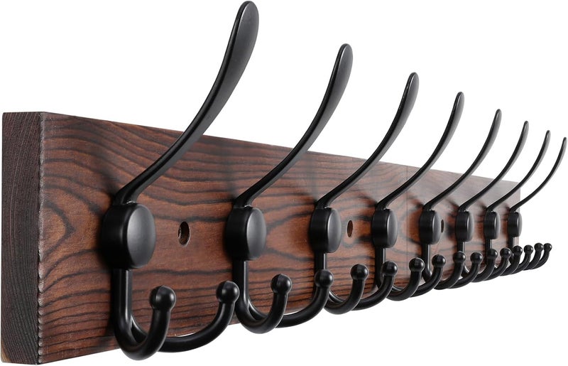 Kuhome 32.2'' شماعة ملابس كبيرة مثبتة على الحائط مع 8 خطافات معدنية ثلاثية سوداء من خشب الصنوبر البني الحقيقي - Image 1